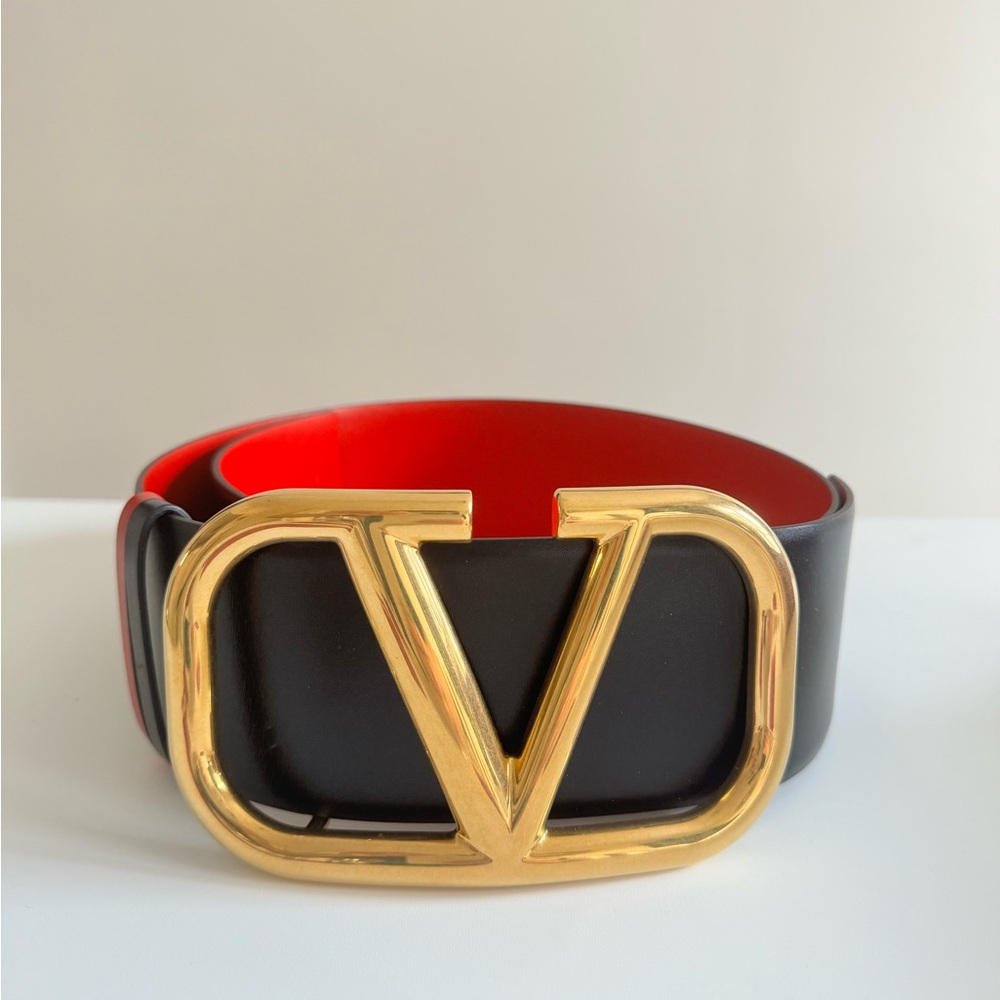 Valentino Garavani Black Belt with Red Lining and Gold V Buckle
